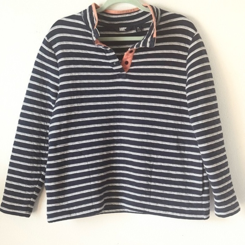 Lands' End Quilted Nautical Navy Striped Pullover with Coral details sz medium